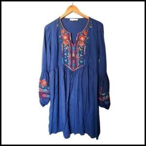 Solitaire Embroidered Flower Festival Summer Beach‎ Blue Dress size S Small
